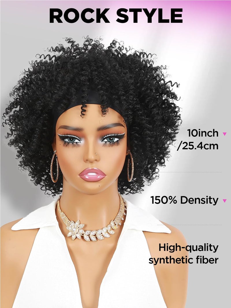 WIGER Short Afro Bouncy Curly Headband Wig Kinky Curly Wigs with Headbands Black Attached Afro Curly Headband Wigs Synthetic Afro Wigs(1B#) - Image 3